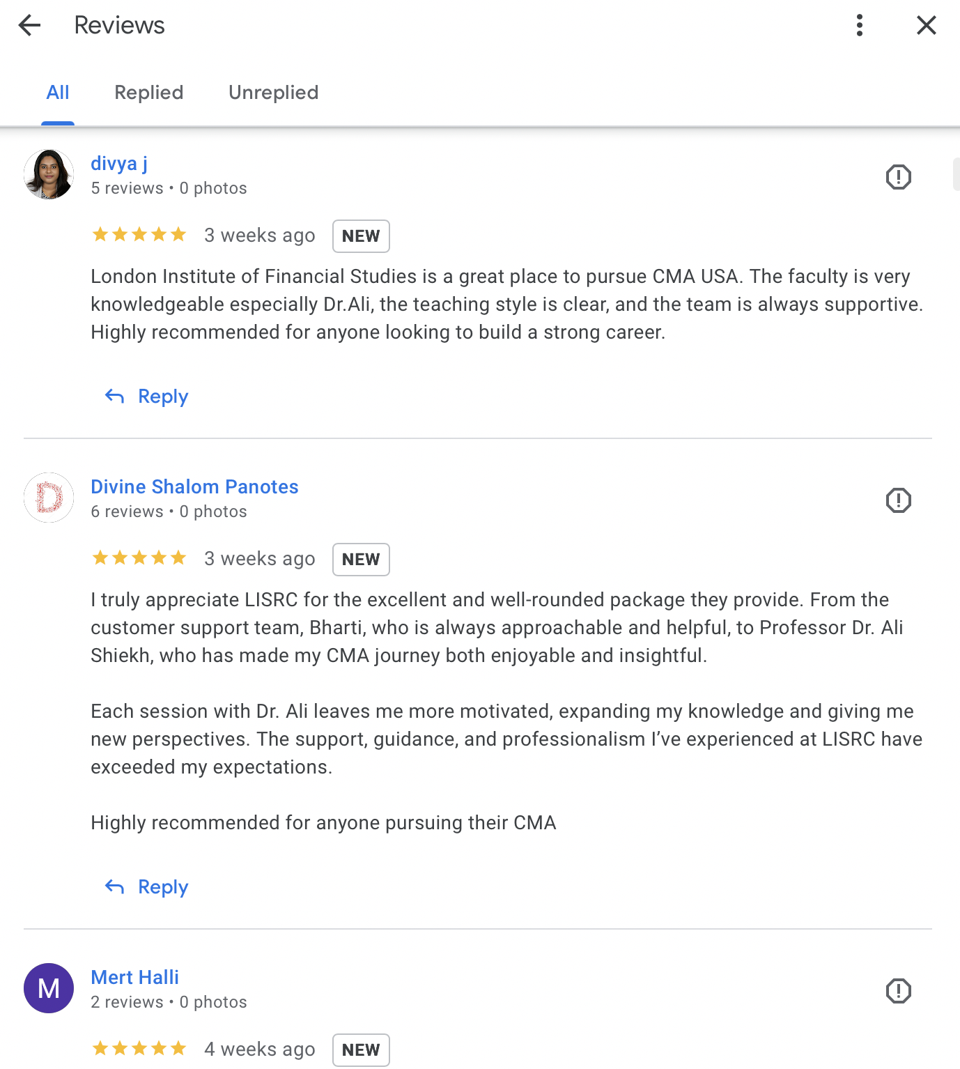 Detailed Google Reviews from CMA students